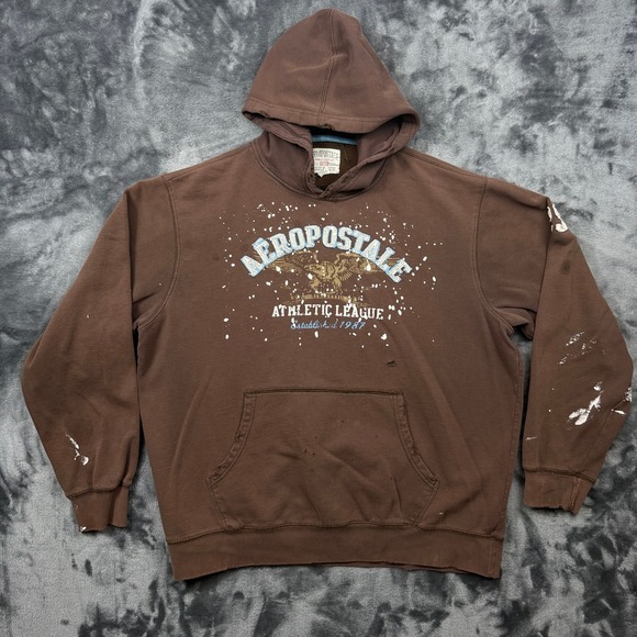 Aeropostale Other - Aeropostale Hoodie Mens XL Brown Fair Distressed Paint Splatter Graphic Pullover